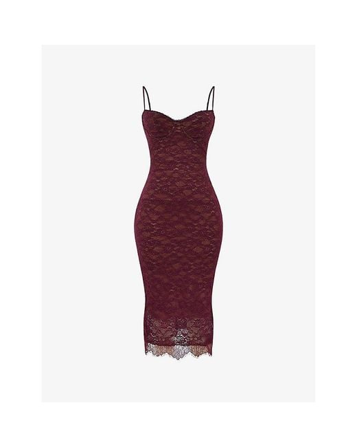 House Of Cb Red Melina Floral Stretch-Lace Midi Dress