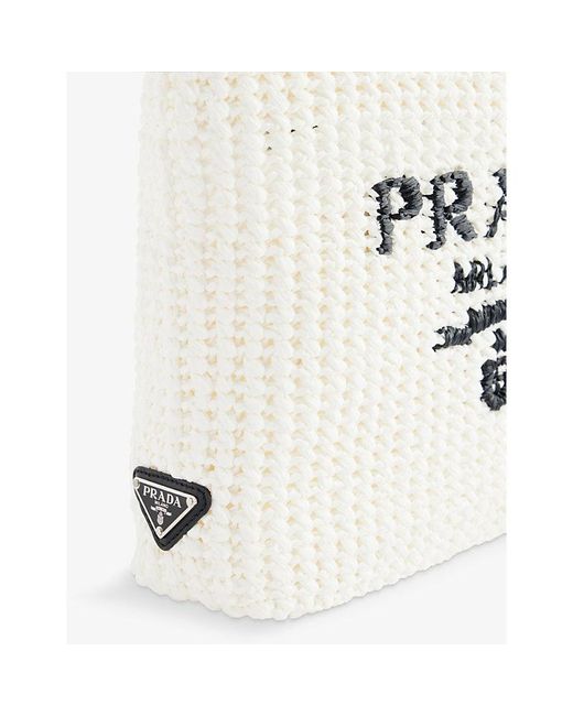 Prada Logo Small Straw Tote Bag in White Lyst