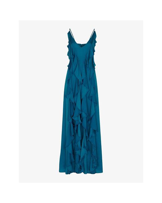 Whistles Blue Ruffled Plunging V-neck Recycled-viscose Maxi Dress