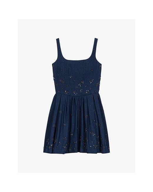 Maje Blue Flared Sequin-Embroidered Denim Dress