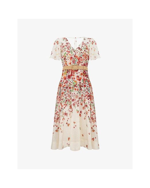 Phase Eight Natural Petite Lovette Floral-Print Linen-Blend Midi Dress