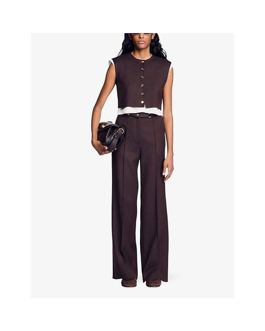 Sandro Brown Contrast-Layer Cropped Wool-Blend Top