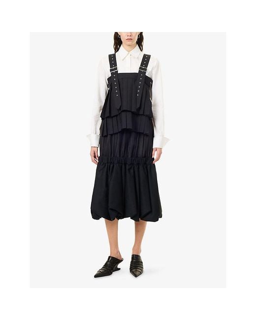 Noir Kei Ninomiya Blue Pleated Open-Side Wool-Blend Top