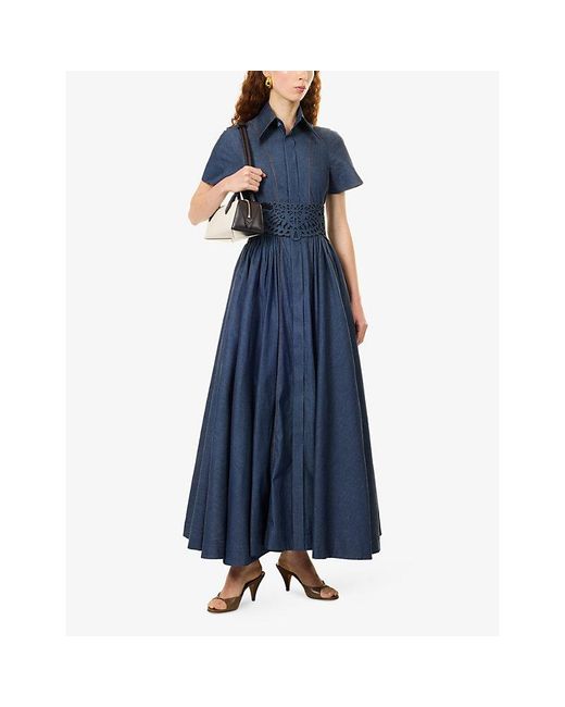 Mona Alshebil Blue Gathered-Waist Belted Maxi Dress