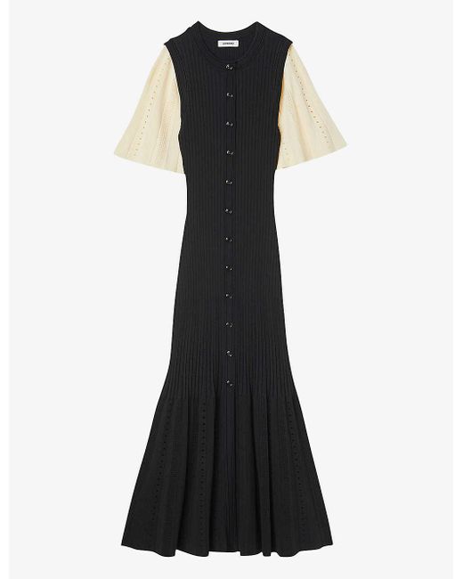 Sandro Black Two-tone Ribbed Knitted Midi Dress