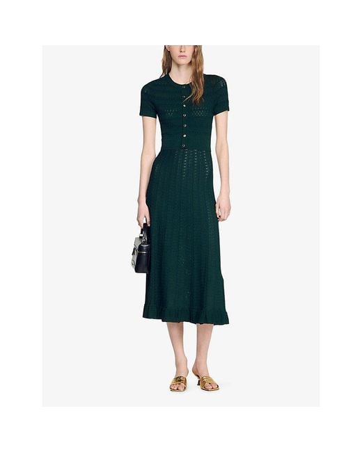 Sandro Green Short-Sleeved Pointelle Knitted Midi Dress