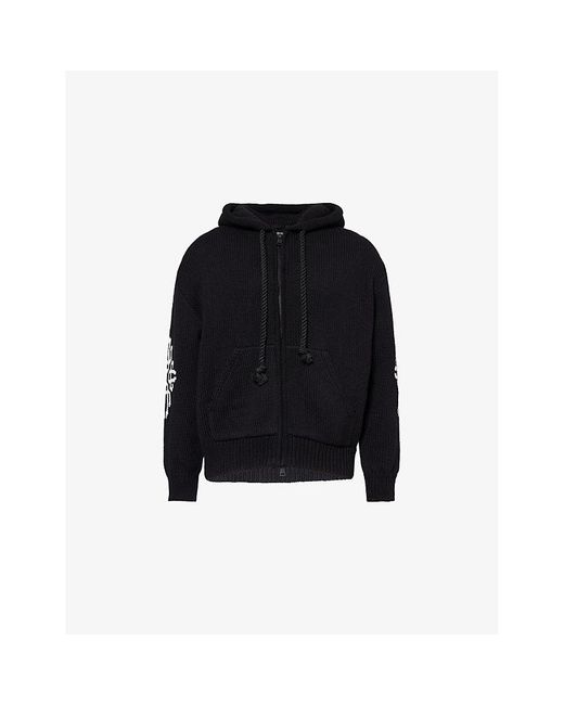 The Couture Club Black Emblem Brand-Intarsia Relaxed-Fit Cotton-Knit Hoody for men