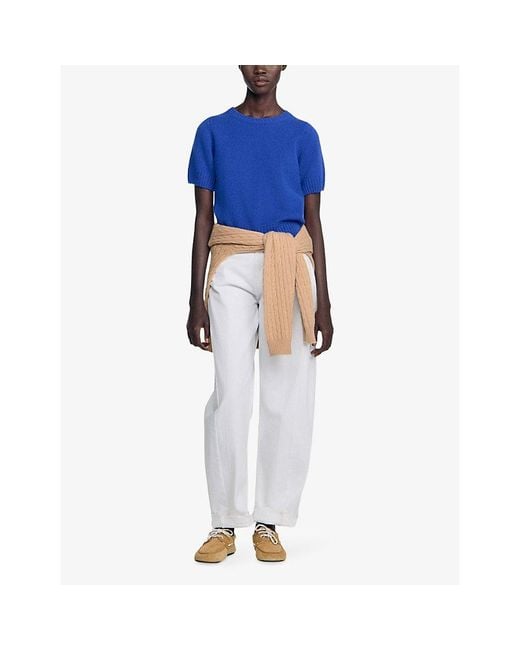 Sandro Blue Round-Neck Short-Sleeved Wool Jumper