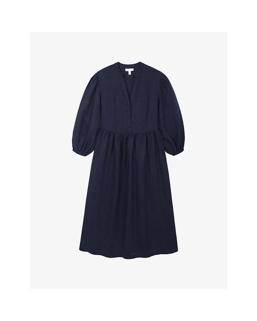 The White Company The Company Puffed-Sleeve Linen Midi Dress in Blue | Lyst