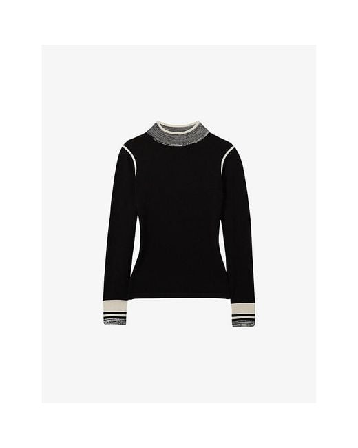 Reiss Black Rosa Contrast-Trim Long-Sleeve Stretch-Knit Top