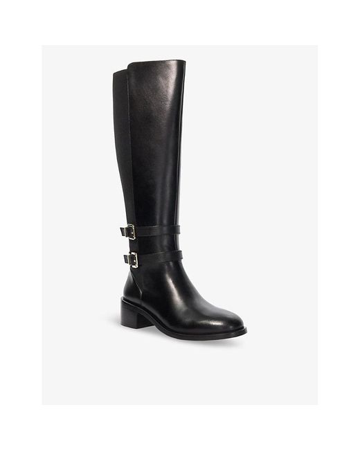 Dune Black Tatter Double-Buckle Flat Leather Knee-High Boots