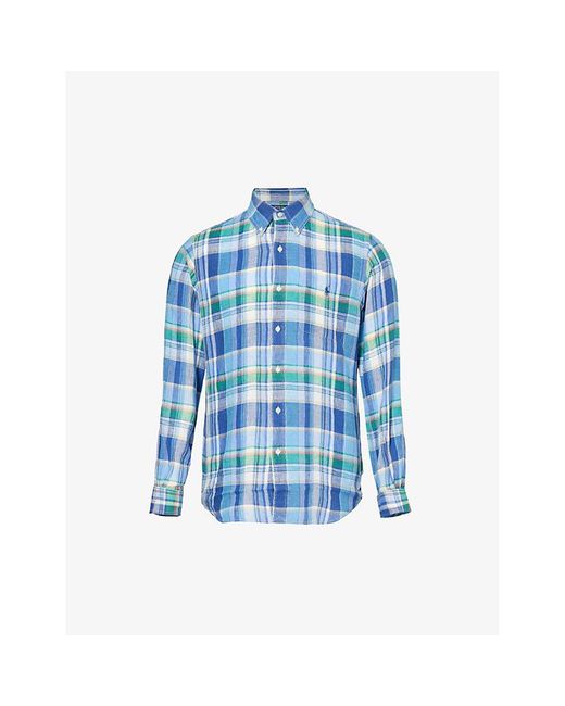 Polo Ralph Lauren Blue Logo-embroidered Custom-fit Checked Linen Shirt Xx for men