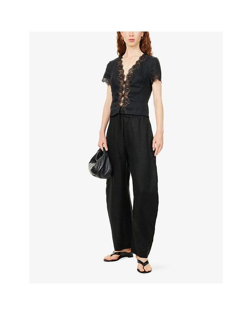 Reformation Black Brynn Lace-Trim Linen Top
