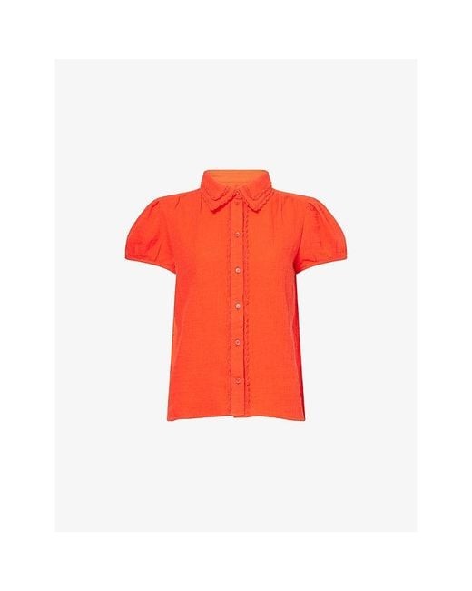 ME+EM Red Cap-Sleeve Cheesecloth Cotton Blouse