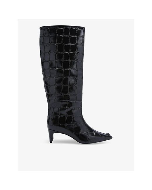 Kurt Geiger Black Croc-Embossed Leather Regent Knee-High Boots 55