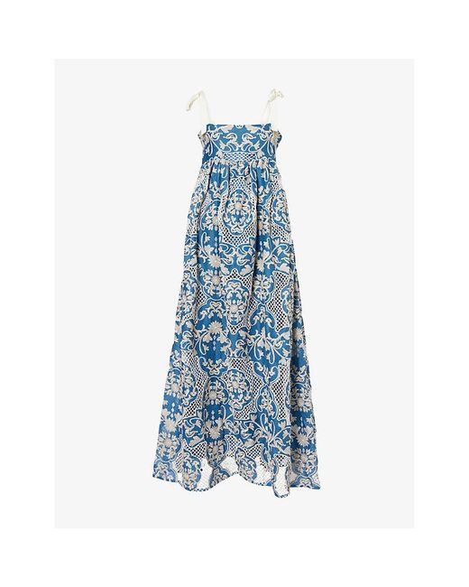 Agua Bendita Blue Verbena Floral-Embroidery Linen Maxi Dress