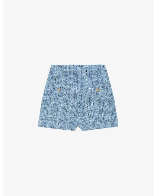Sandro Blue Button-embellished High-rise Tweed Shorts