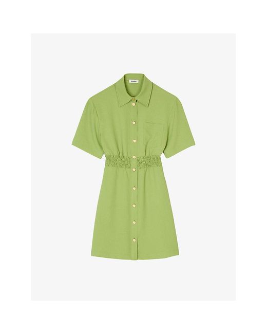 Sandro Green Patch-pocket Shirred-waist Woven Mini Dress