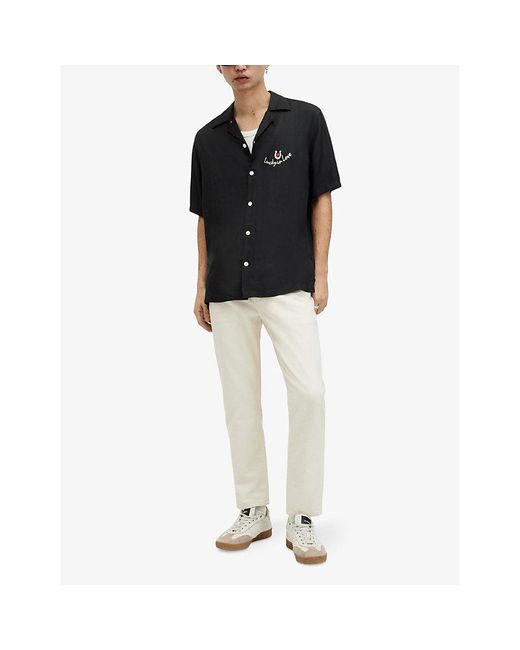 AllSaints Black Chanceux Text Heart-embroidered Relaxed-fit Woven Shirt X for men