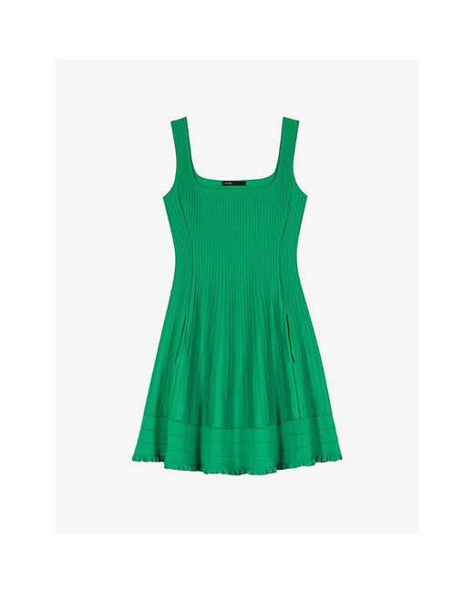 Maje Green Structured-Rib Knitted Skater Dress