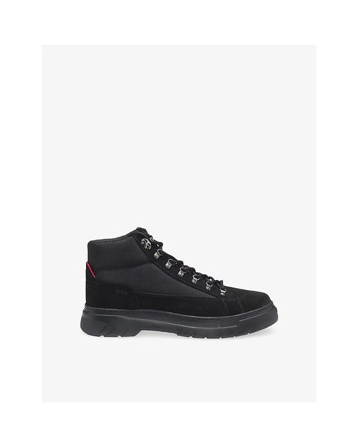 HUGO Black Lace-Up Suede And Canvas Boots for men