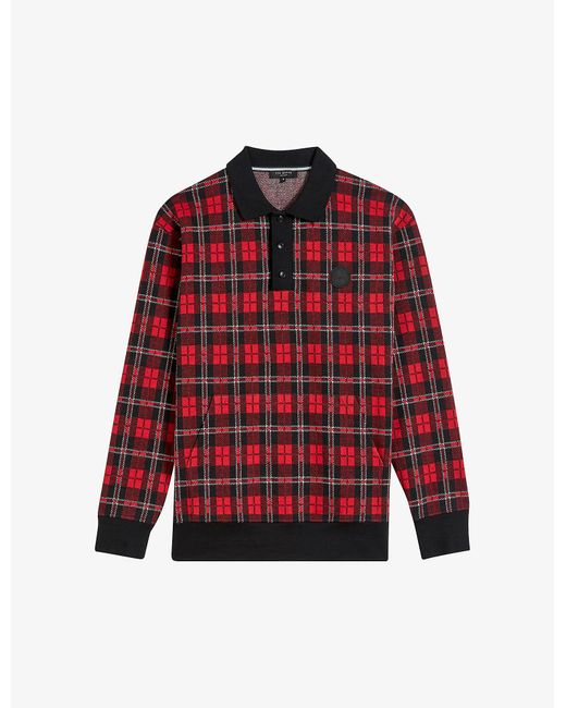 Ted Baker Red Bennev Checked Logo-patch Stretch-woven Rugby Shirt for men