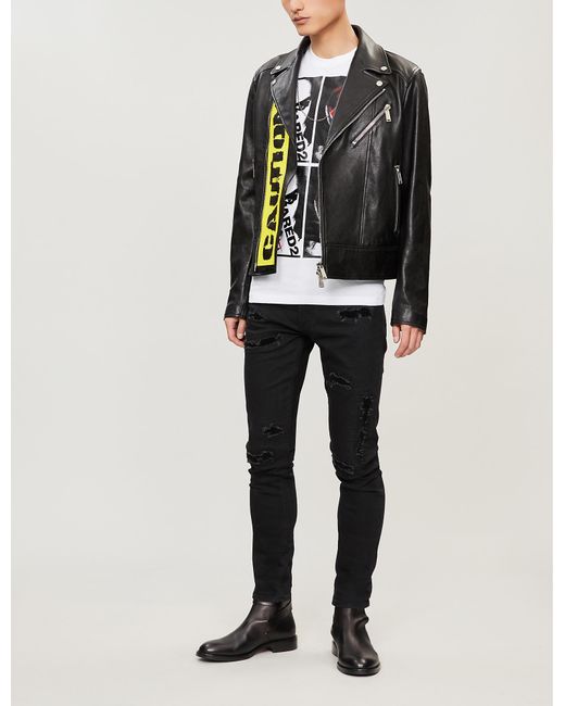 DSquared² Black Caution-print Graphic-back Leather Jacket for men