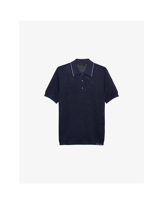 Prada Blue Logo-Intarsia Silk-Cotton Polo Shirt for men