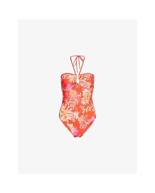 Seafolly Red Marbella Halter-Neck Graphic-Print Swimsuit