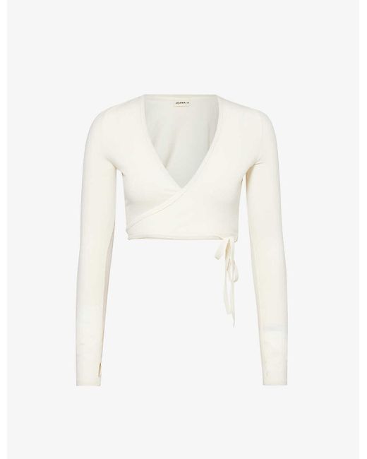 ADANOLA White Wrap-over Cropped Knitted Cardigan