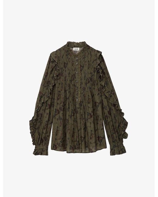 Zadig & Voltaire Green Timmy High-neck Graphic-print Cotton-blend Blouse