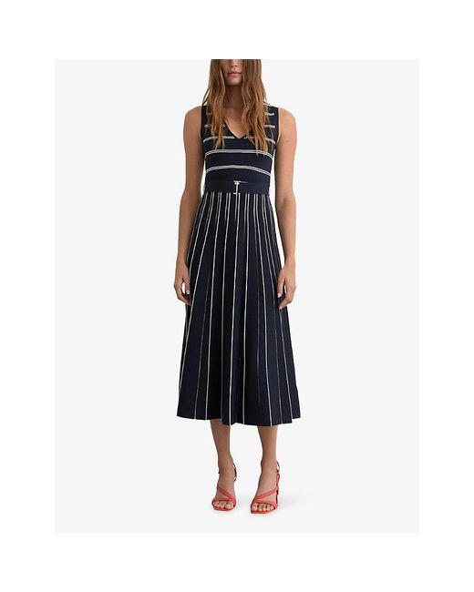 Reiss Blue Mallory V-Neck Striped Stretch-Knit Midi Dress