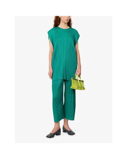 Pleats Please Issey Miyake Green Pleated Ankle-Crop Knitted Trousers