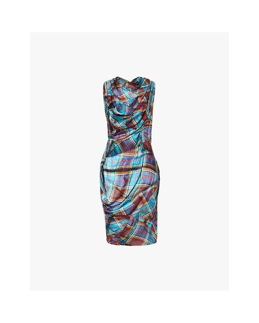 Vivienne Westwood Blue Fond Draped-Tartan Print Asymmetric Jersey Midi Dress