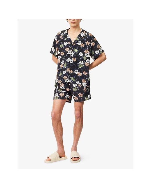 Boss Blue Floral-Print Short-Sleeve Woven Beach Shirt for men