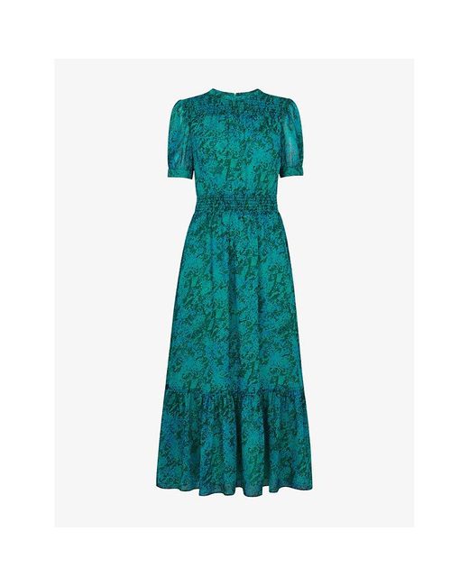 Whistles Snake print Puff sleeve Crepe Midi Dress in Green Lyst