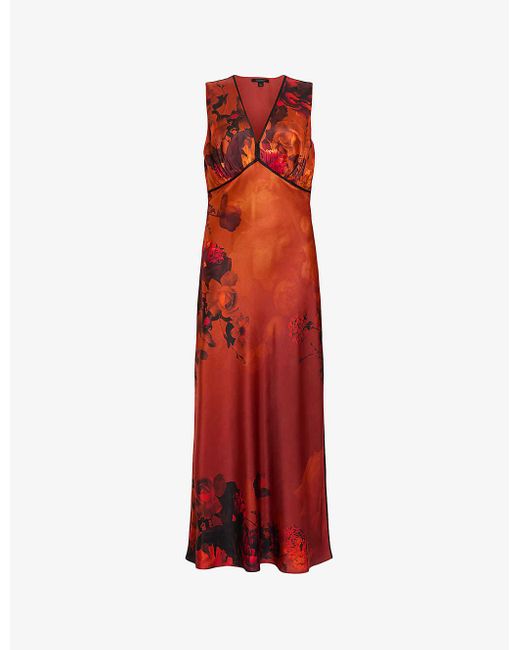 AllSaints Red Karla V-Neck Graphic-Print Woven Midi Dress