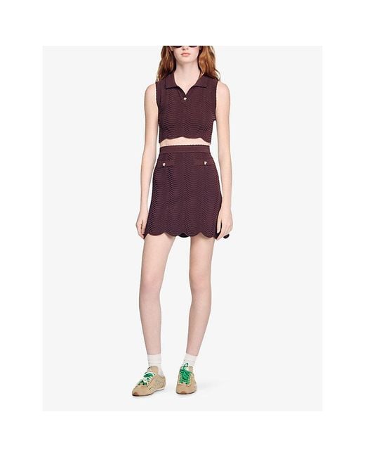 Sandro Purple Cropped Button-Neck Stretch-Knit Top