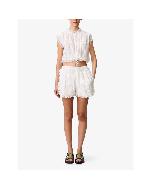 Claudie Pierlot White Elasticated-Waist Lace-Trim Cotton-Blend Shorts