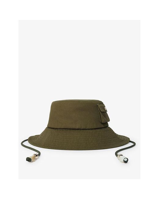 Maje Green Oversized-visor Beaded-drawstring Cotton Bucket Hat