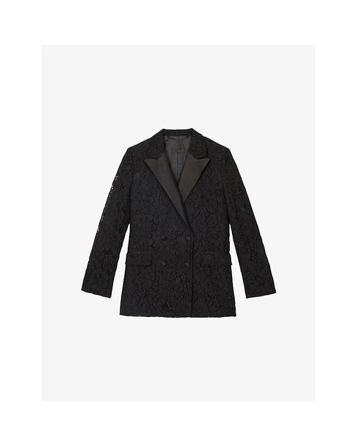 The Kooples Black Lace Notched-Lapel Woven Blazer