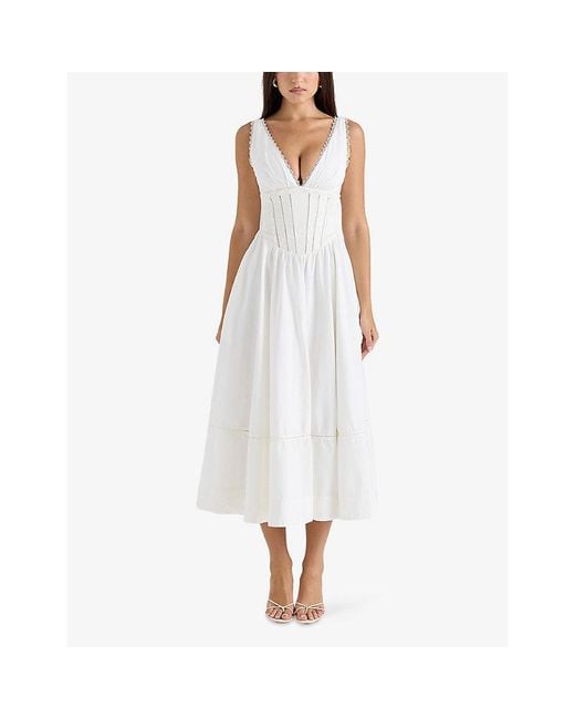 House Of Cb White Samia V-Neck Stretch-Cotton Midi Dress Xs (A-C Cup)