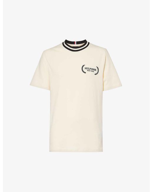 Tommy Hilfiger White Logo-embroidered Crewneck Cotton-jersey T-shirt for men