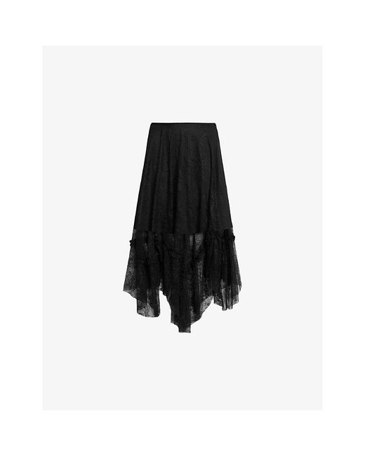 AllSaints Black Josie Tiered-Hem Lace Midi Skirt