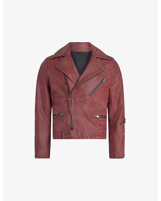 AllSaints Red Burman Cropped Leather Jacket for men