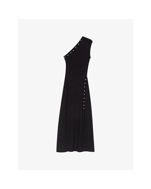 Maje Black One-Shoulder Split-Hem Knitted Maxi Dress