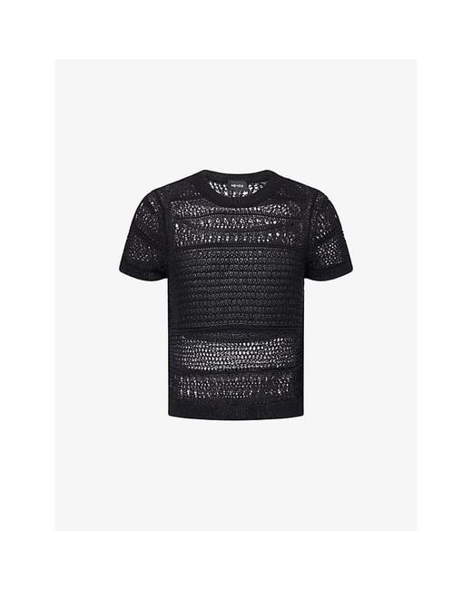 ME+EM Black Open-Stitch Textured Sheer Cotton-Blend Knit Top