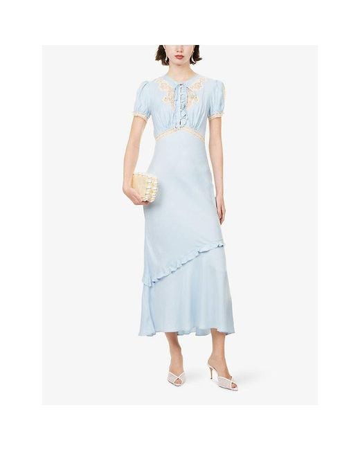 Self-Portrait Blue Puff-Sleeve Lace-Insert Satin Midi Dress