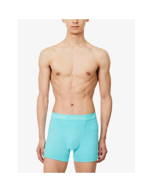 Calvin Klein Blue Branded-waistband Mid-rise Pack Of Three Stretch-cotton Trunks for men