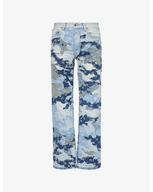 Amiri Blue Branded Camouflage-panel Straight-leg Jeans for men